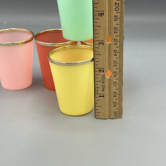 15 MCM Glasses Plastic Shot Mini Dessert KIH Vtg Hong Kong Multicolor Gold Band - Picture 6 of 16